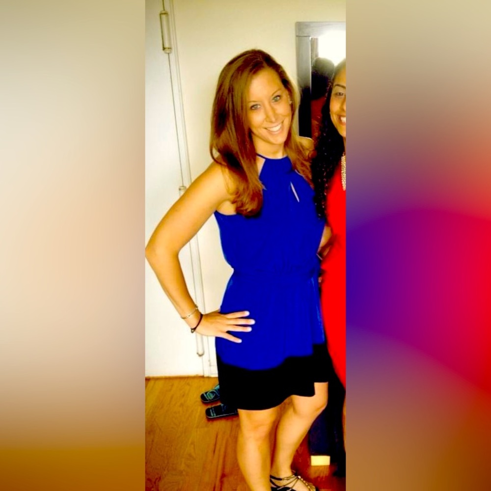 Express medium royal blue and black above the knee dress